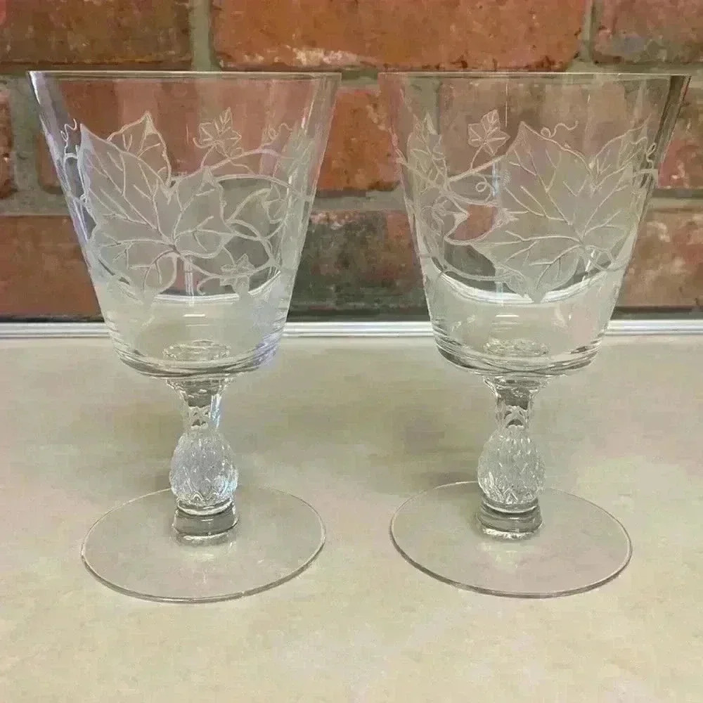 2 Vintage Heisey Crystal Water Goblets/Glass Etched...Pattern:  Plantation Ivy